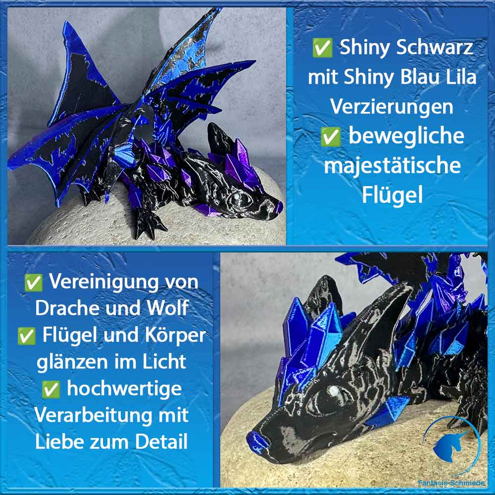 Baby Wolfdrache mit Flügel - Schwarz - Blau Lila