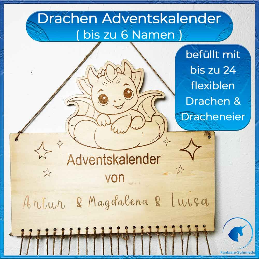 Drachen Familien Adventskalender - bis zu 6 Namen Personalisierbar (befüllt mit 4 bis 24 Drachen)