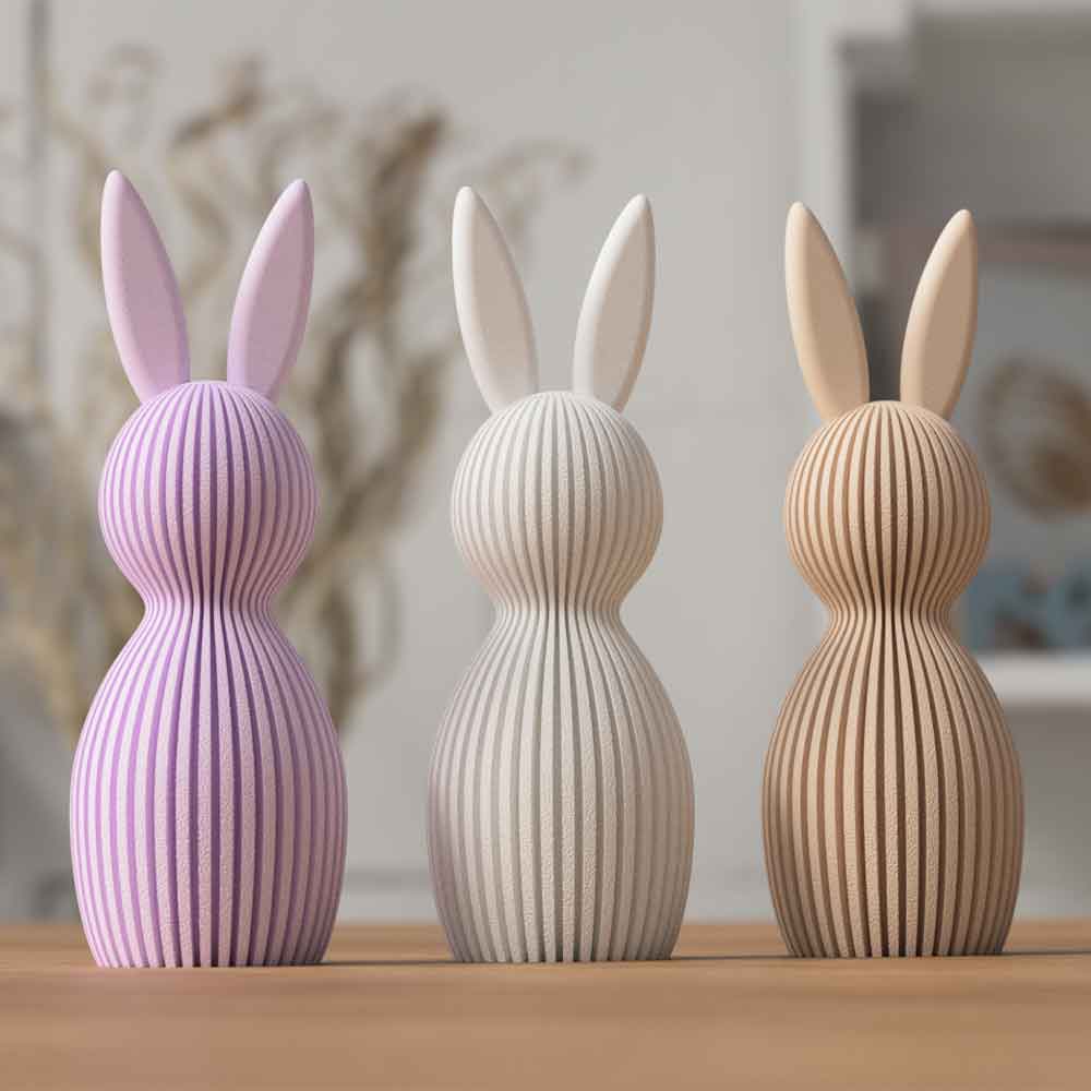 Eine Osterhase Dekoration im modernen und minimalistischem Design. Die Osterhasen sind geriffelt.