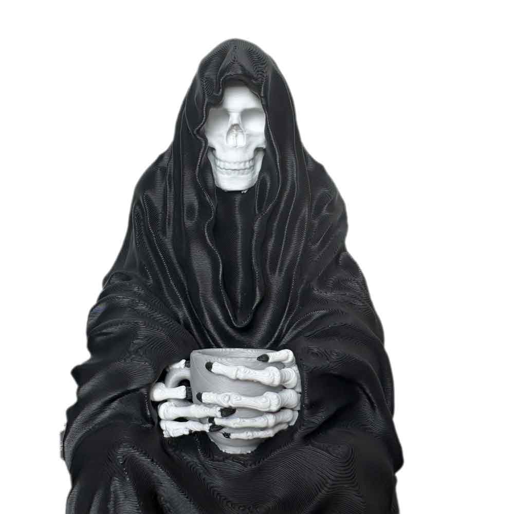 Sensenmann Figur mit Teetasse – Bücherregal Deko | Gothic Fantasy Figur | Geschenk für Leser & Sammler