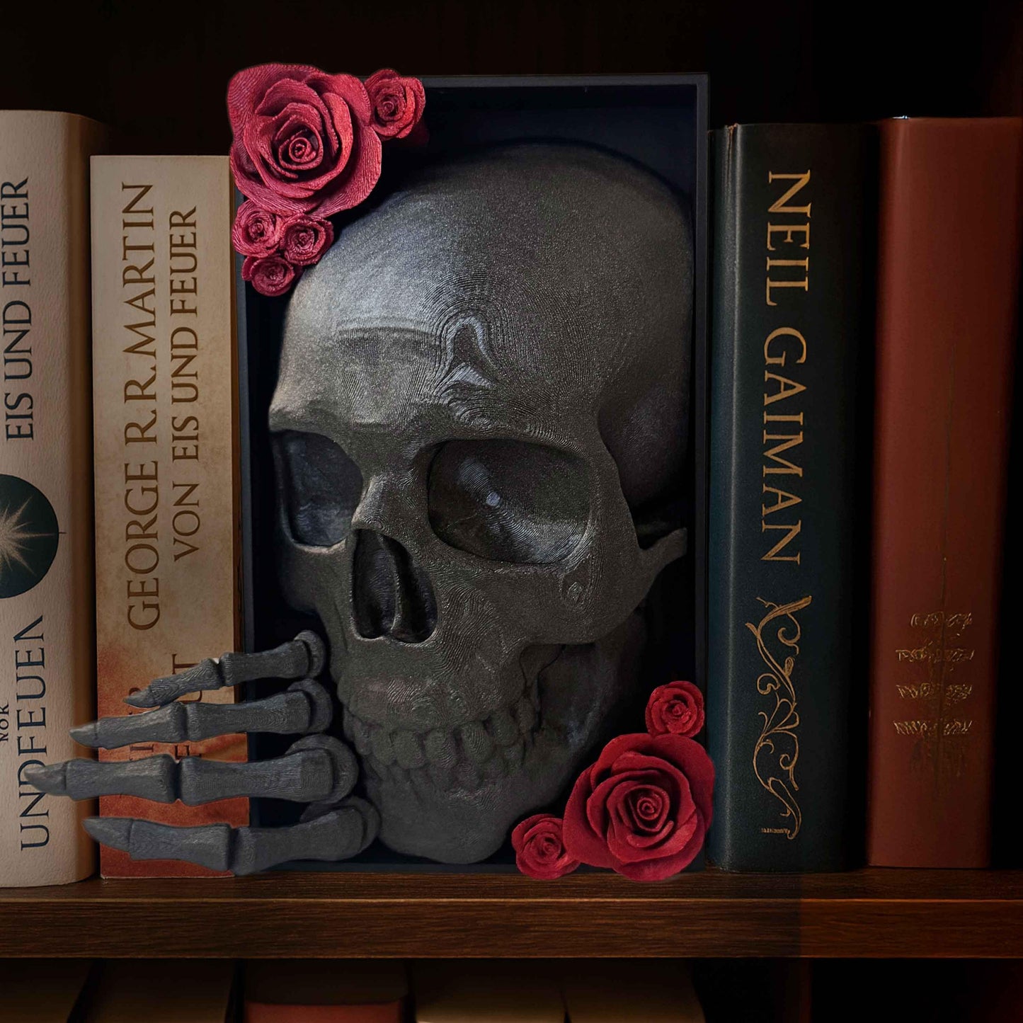 Totenkopf Book Nook mit Rosen