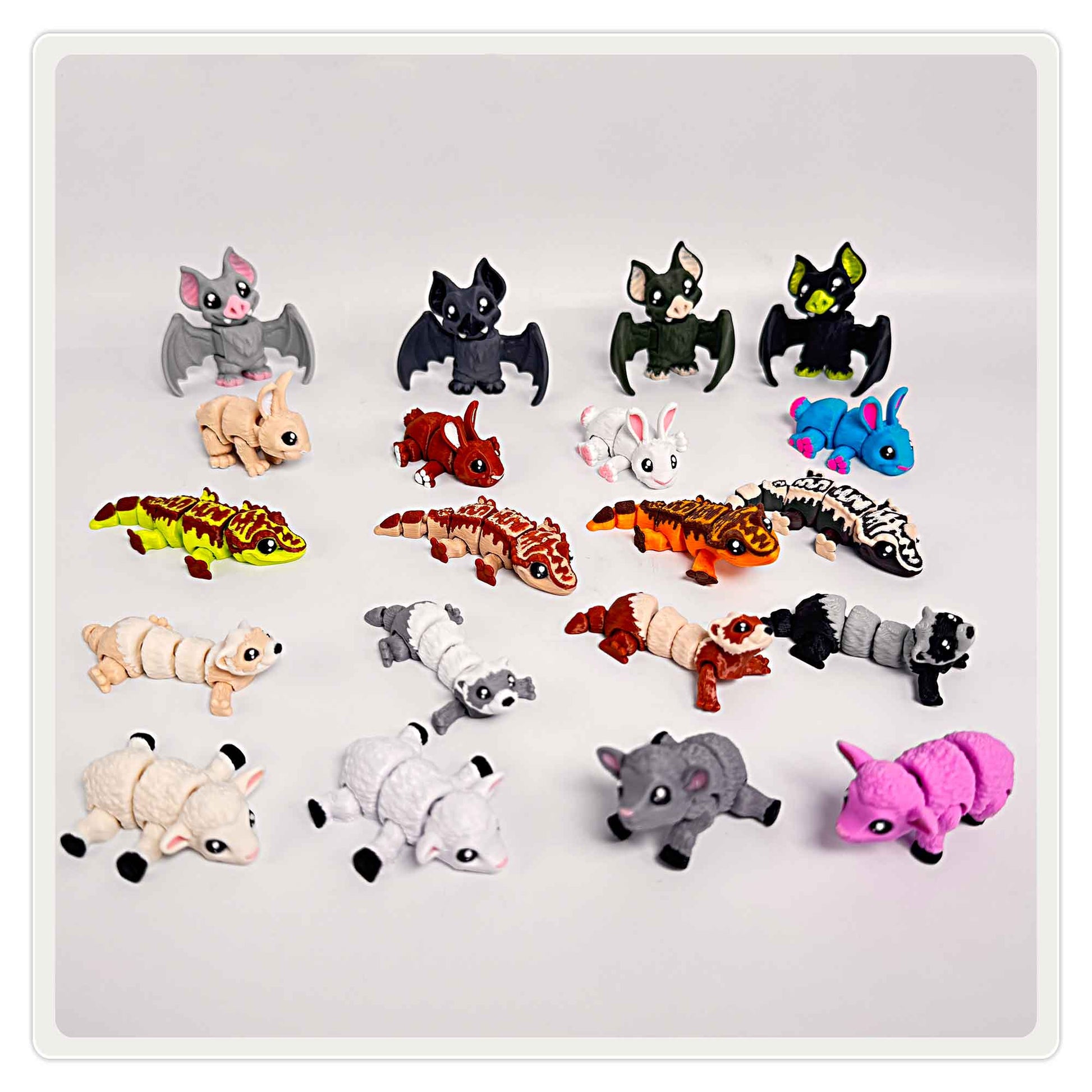 3D Mini Tiere im mittleren Osterei: Fledermaus, Hase, Gecko, Frettchen und Lamm