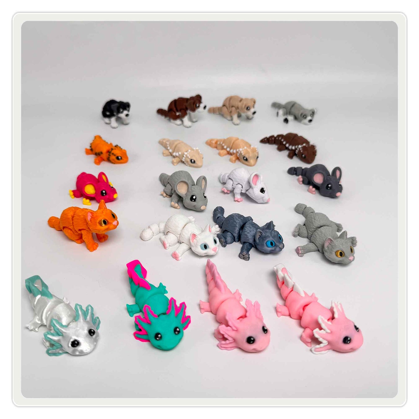 3D Mini Tiere im mittleren Osterei: Hund, Bartagame, Maus, Katze und Axolotl
