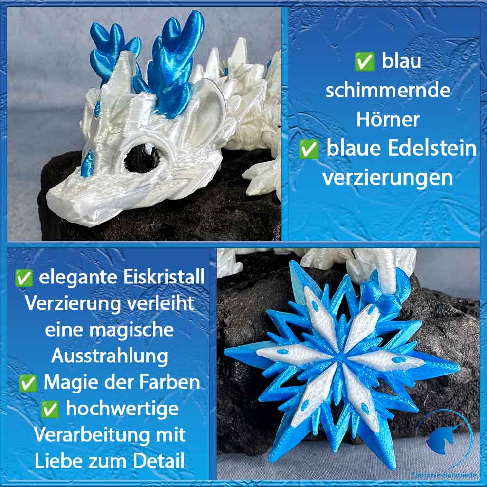 Winterdrache in Perlmuttweiß zu sehen mit seinen blauen Hörnern