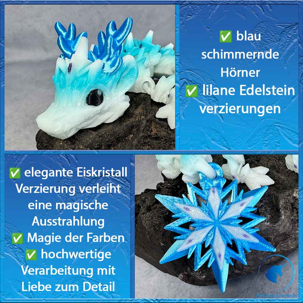 Die Hörner eines Winterdrachens zeigen sein winterliches Design