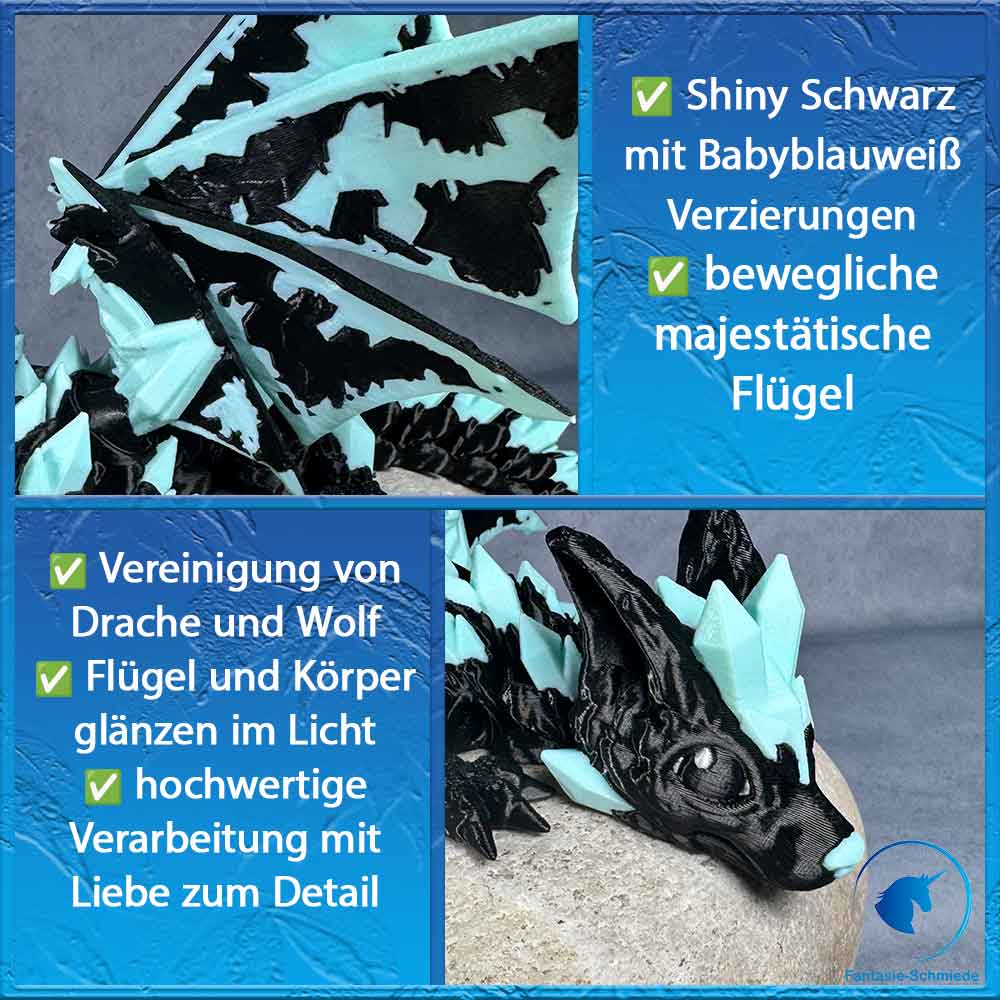 Baby Wolfdrache mit Flügel - Schwarz - Babyblauweiß