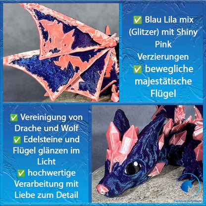 Baby Wolfdrache mit Flügel - Blau Lila mix (Glitzer) - Rosa