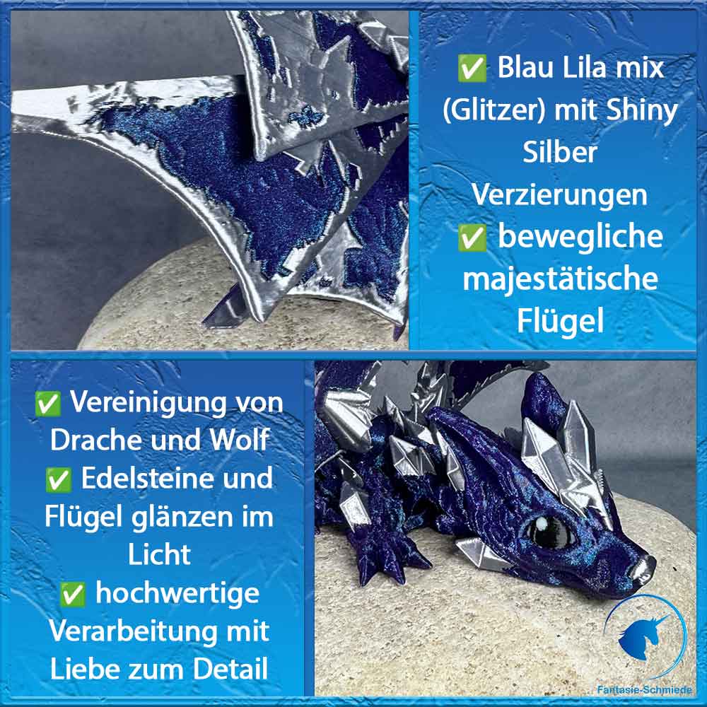 Baby Wolfdrache mit Flügel - Blau Lila mix (Glitzer) - Silber