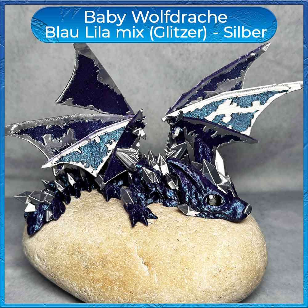 Baby Wolfdrache mit Flügel - Blau Lila mix (Glitzer) - Silber