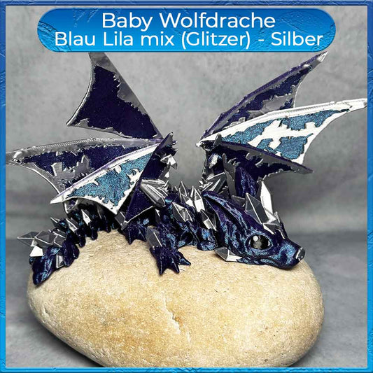 Baby Wolfdrache mit Flügel - Blau Lila mix (Glitzer) - Silber