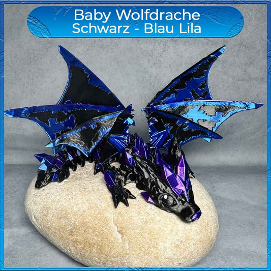 Baby Wolfdrache mit Flügel - Schwarz - Blau Lila