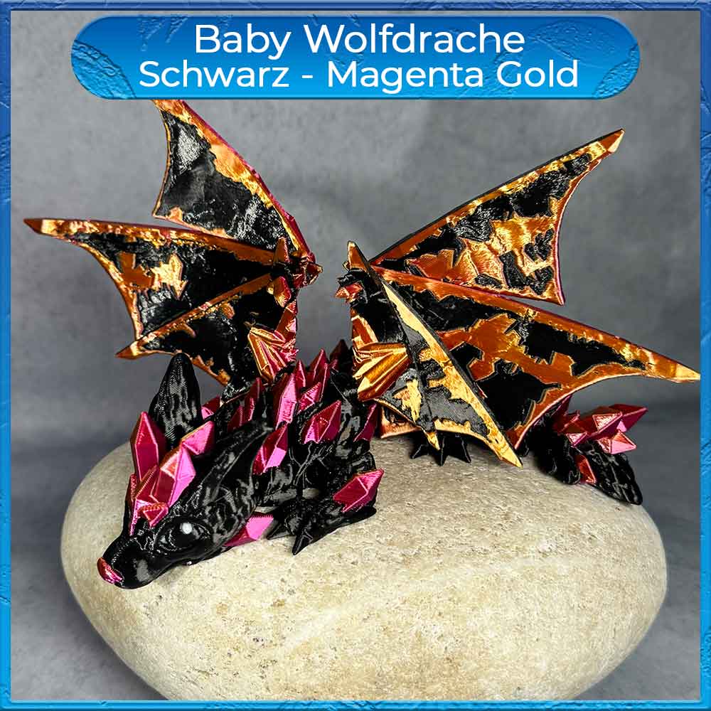 Baby Wolfdrache mit Flügel - Schwarz - Magenta Gold