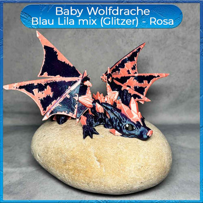 Baby Wolfdrache mit Flügel - Blau Lila mix (Glitzer) - Rosa