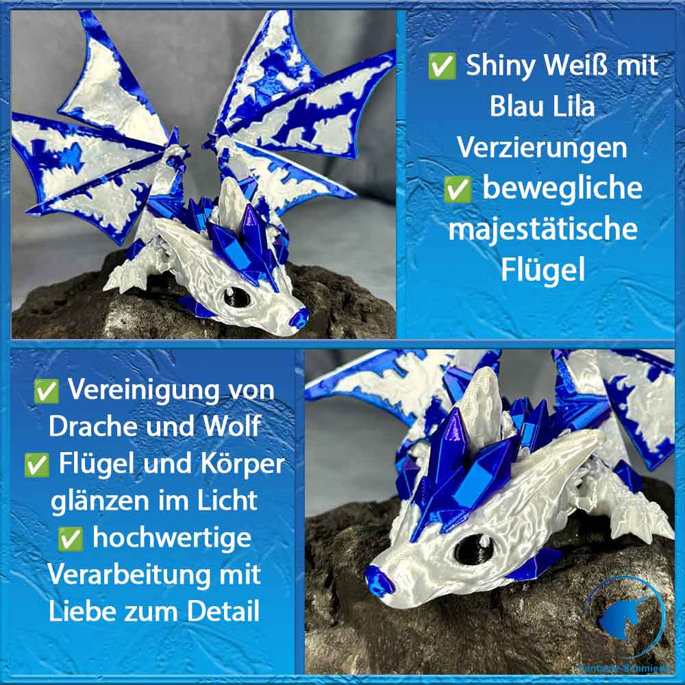 Baby Wolfdrache mit Flügel - Weiß - Blau Lila