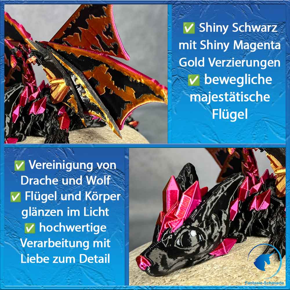 Baby Wolfdrache mit Flügel - Schwarz - Magenta Gold