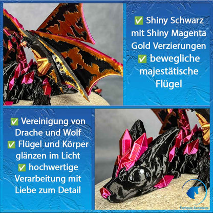 Baby Wolfdrache mit Flügel - Schwarz - Magenta Gold