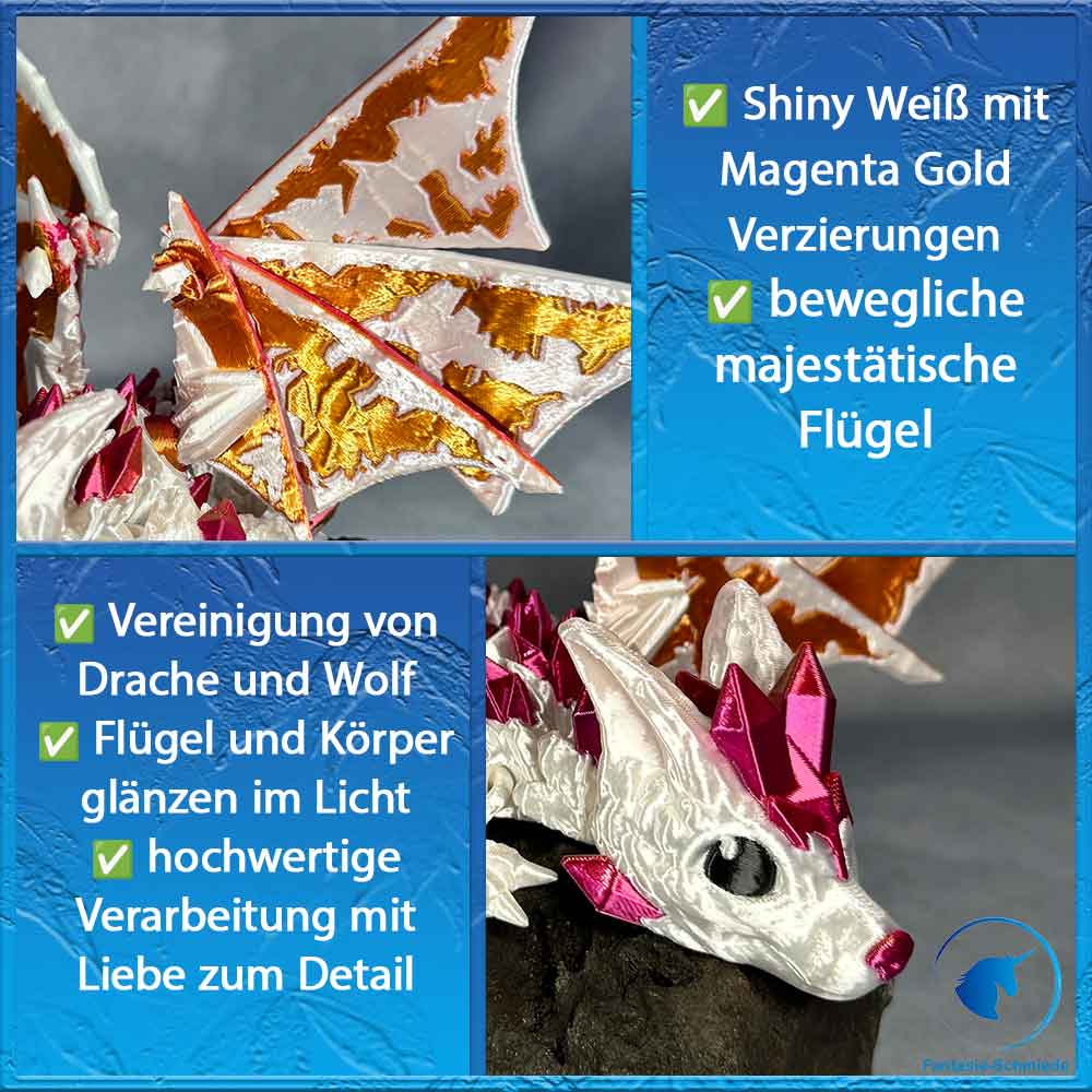 Baby Wolfdrache mit Flügel - Weiß - Magenta Gold