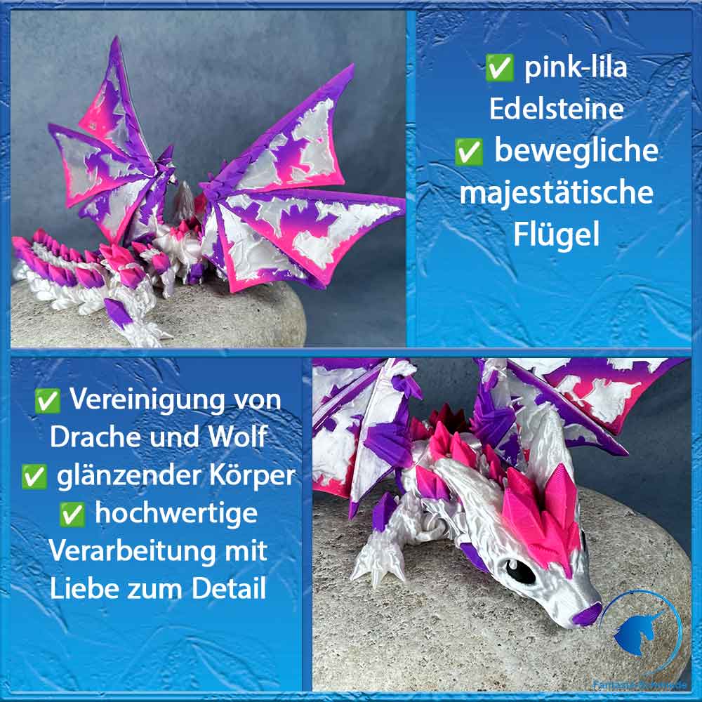 Baby Wolfsdrache mit Flügel - Weiß - Pink Lila