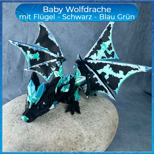 Baby Wolfsdrache mit Flügel - schwarz blau grün