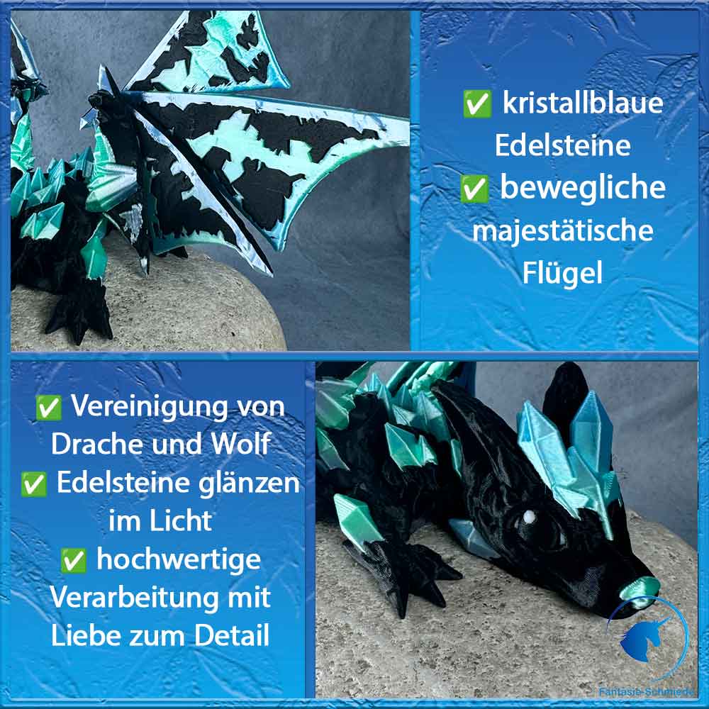 Baby Wolfsdrache mit Flügel - schwarz blau grün