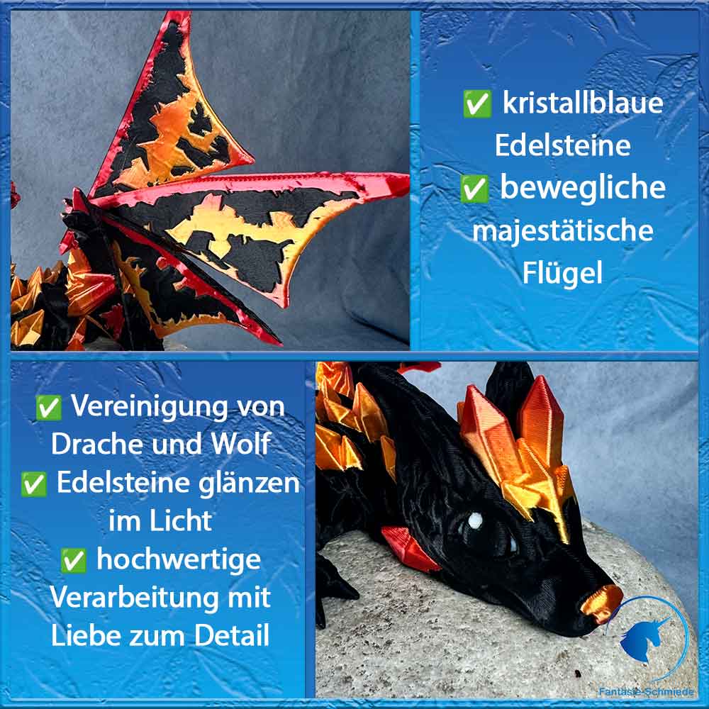 Baby Wolfsdrache mit Flügel - Schwarz gold rot