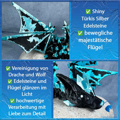 Baby Wolfsdrache mit Flügel - Schwarz - Tuerkis Silber