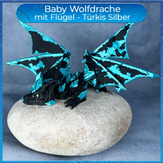 Baby Wolfsdrache mit Flügel - Schwarz - Tuerkis Silber