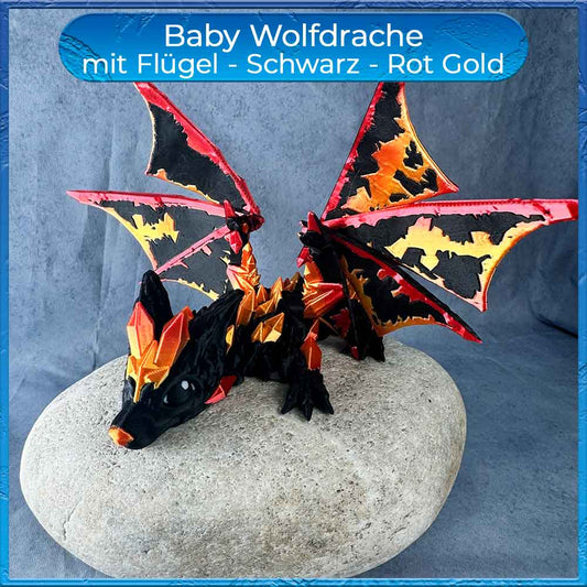 Baby Wolfsdrache mit Flügel - Schwarz gold rot