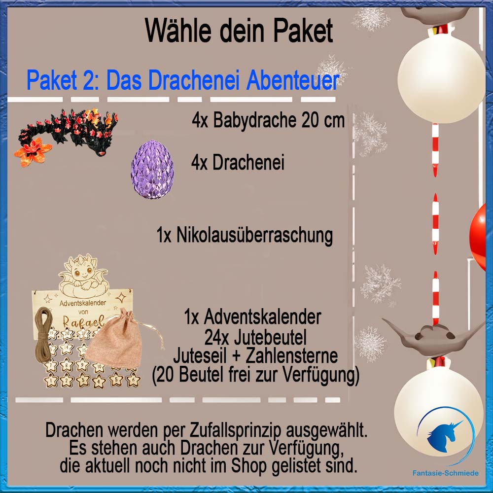 Drachen Familien Adventskalender - bis zu 6 Namen Personalisierbar (befüllt mit 4 bis 24 Drachen)