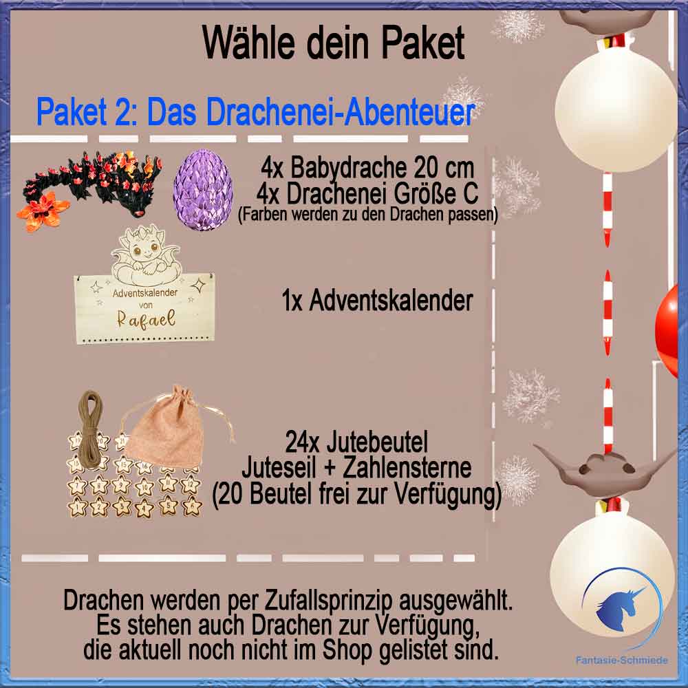 Drachen Familien Adventskalender - bis zu 6 Namen Personalisierbar (befüllt mit 4 bis 24 Drachen)