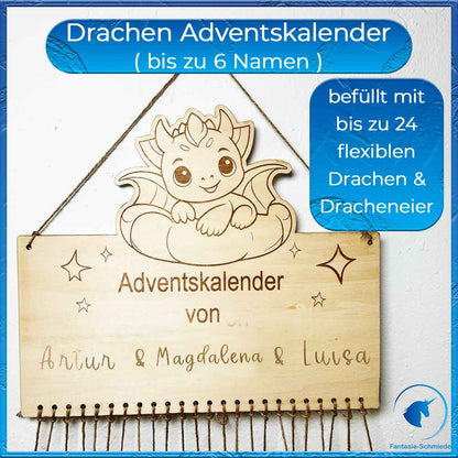 Drachen Familien Adventskalender - bis zu 6 Namen Personalisierbar (befüllt mit 4 bis 24 Drachen)