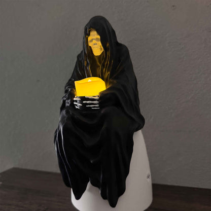 Sitzender Sensenmann 25cm mit Teelicht / Bücherregal Deko / Tod Figur / Regal Deko