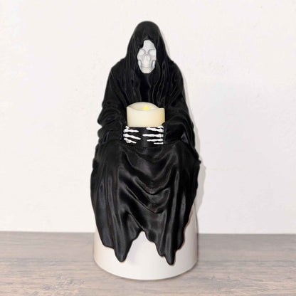 Sitzender Sensenmann 25cm mit Teelicht / Bücherregal Deko / Tod Figur / Regal Deko