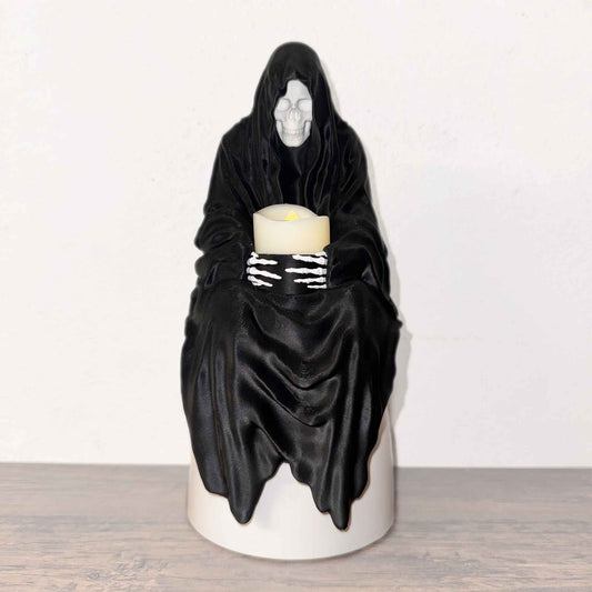 Sitzender Sensenmann 25cm mit Teelicht / Bücherregal Deko / Tod Figur / Regal Deko
