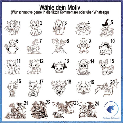 Drachen Familien Adventskalender - bis zu 6 Namen Personalisierbar (befüllt mit 4 bis 24 Drachen)