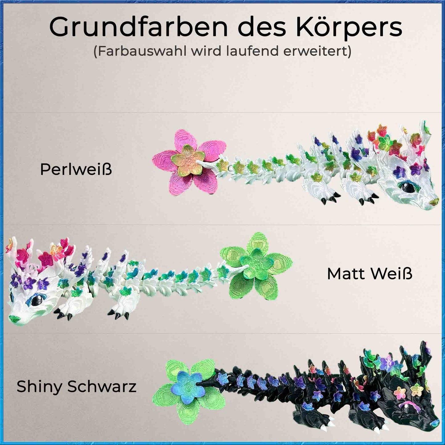 Grundfarben des Drachenkörpers vom Kirschblütendrachen: Perlweiß, Matt Weiß und Shiny Schwarz