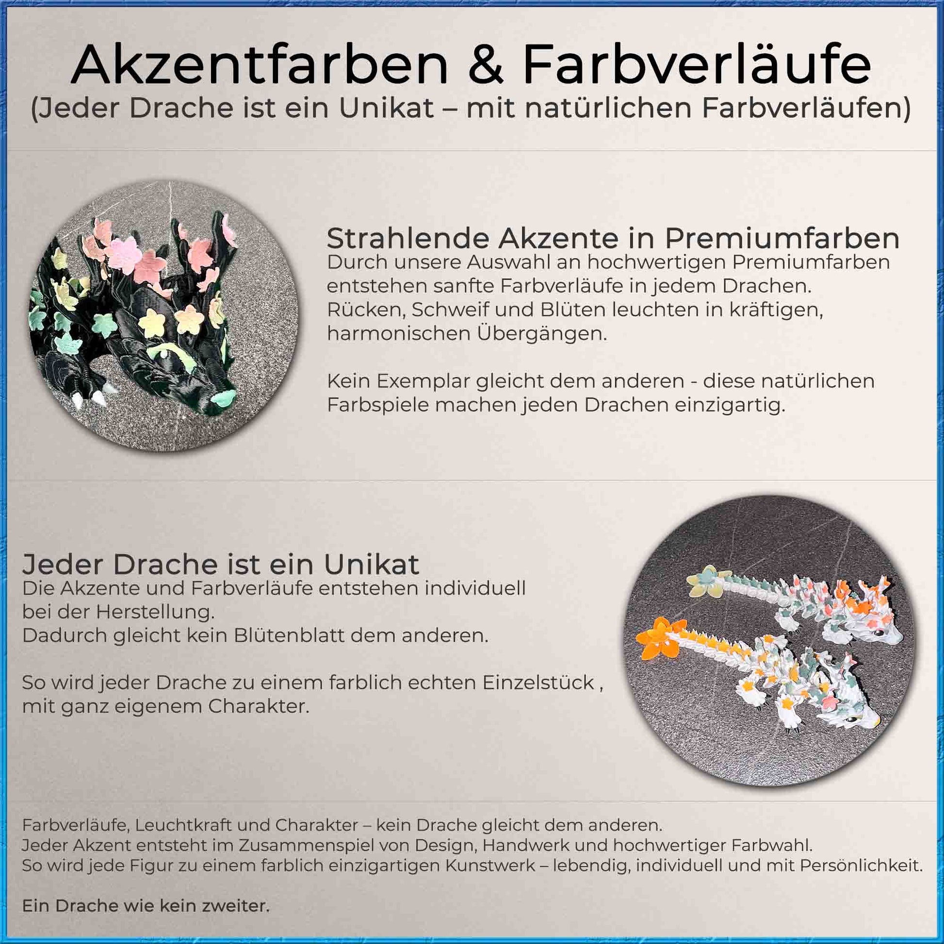 Farbakzente und Farbverläufe vom Kirschblütendrache – jeder Drache ein Unikat mit Premiumfarben