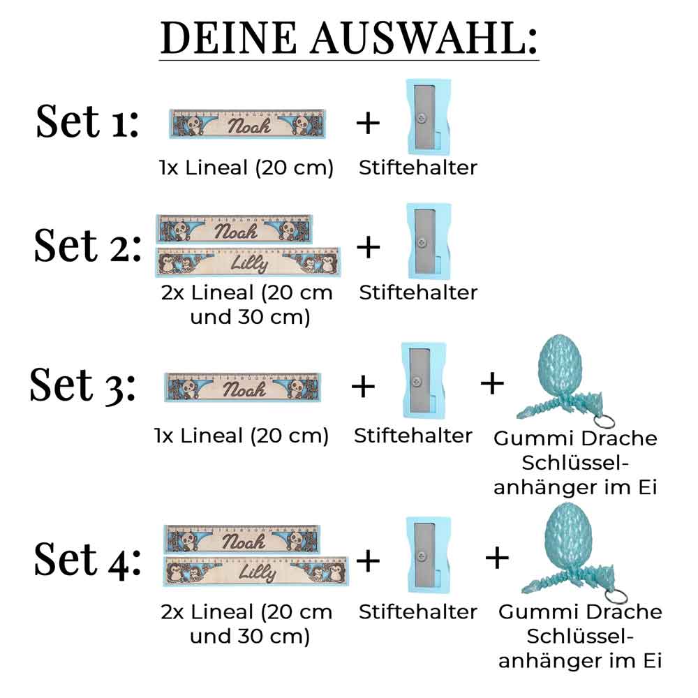 Einschulungs-Set mit personalisiertem Lineal, 3D-Stiftehalter, Gummi Drache & Drachenei