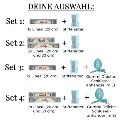 Einschulungs-Set mit personalisiertem Lineal, 3D-Stiftehalter, Gummi Drache & Drachenei
